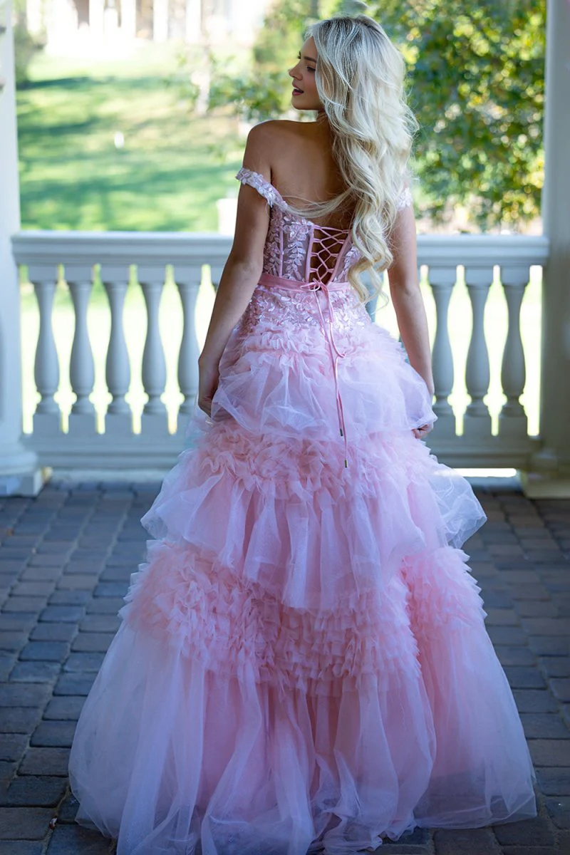 Luxury Pink Tulle A Line Off the Shoulder Deep Sleeveless Lace Applique Tiers Ruffles with Bow Long Prom Dress