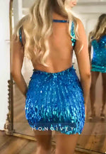 Regular Straps Low V-Neck Sheath Sleeveless Open Back Beading Min Homecoming Dresses