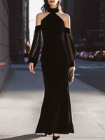 Black Velvet Halter Neck Off-Shoulder Mesh-Sleeve Mermaid Evening Gowns