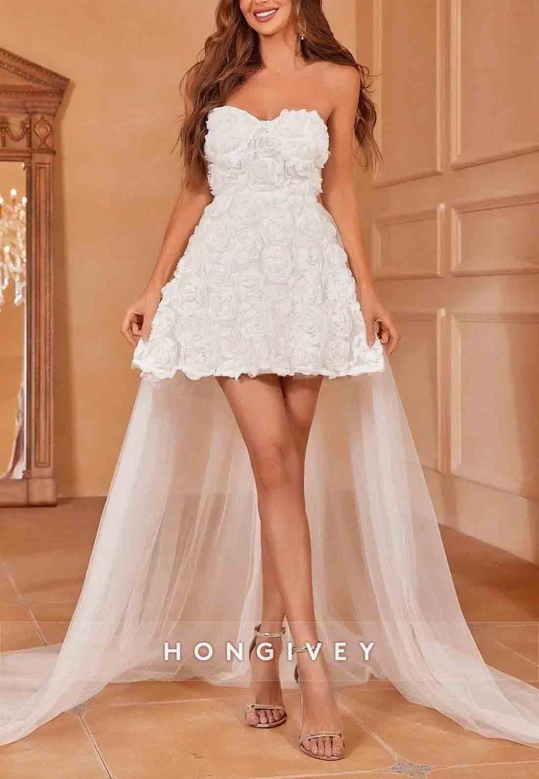 Strapless Stereo Flowers Mesh Detachable A-Line Overlay Tube Wedding Dress
