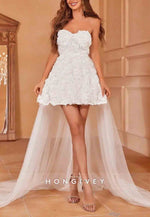 Strapless Stereo Flowers Mesh Detachable A-Line Overlay Tube Wedding Dress