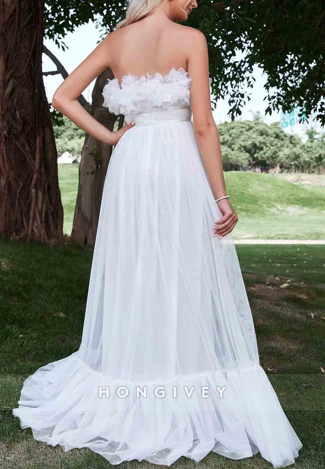 Floral Trim Layered Hem Mesh Tube Floor-Length Ruched Strapless Wedding Dress