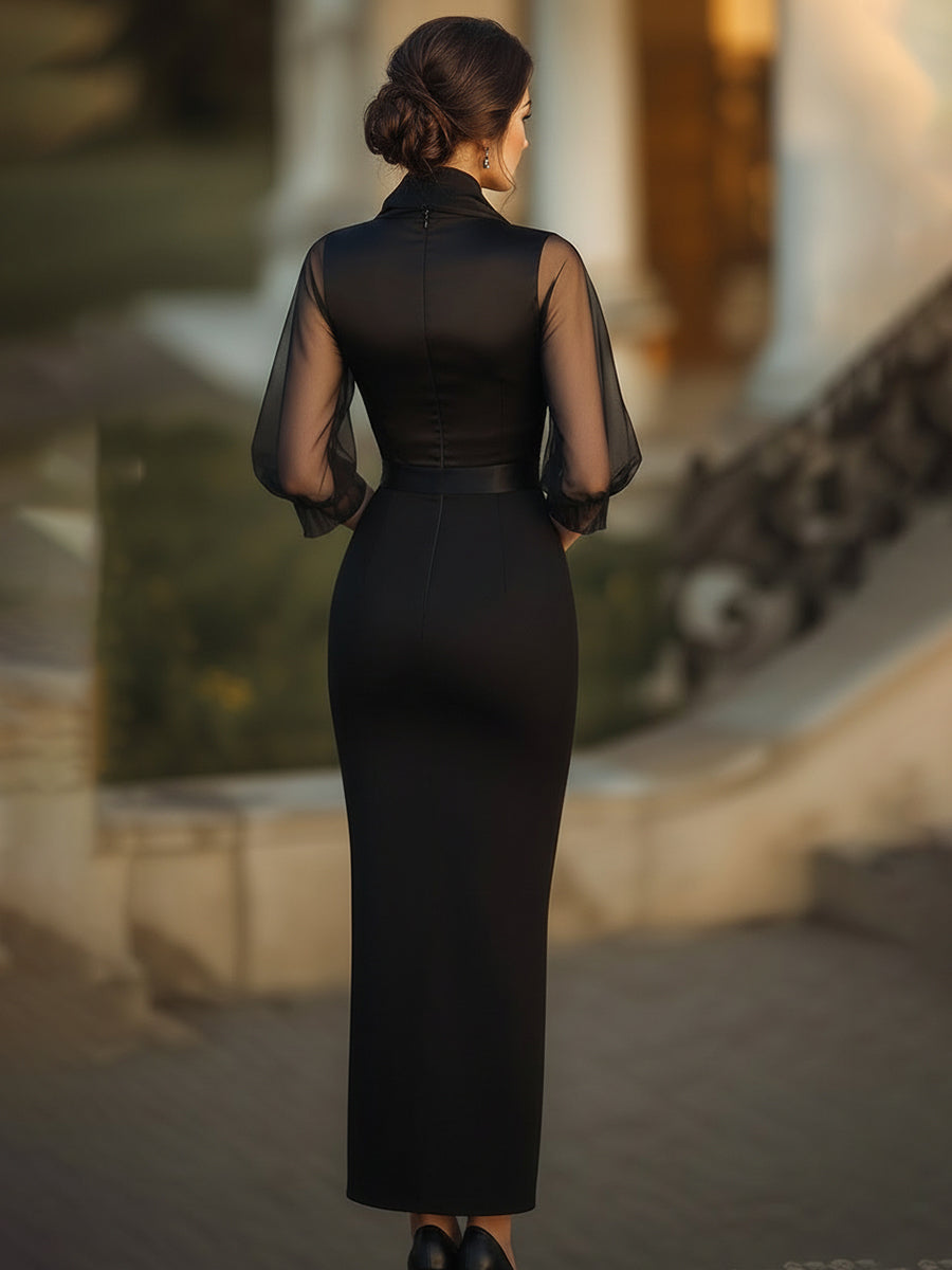Sheer-Drape Waist-Tie Evening Dress
