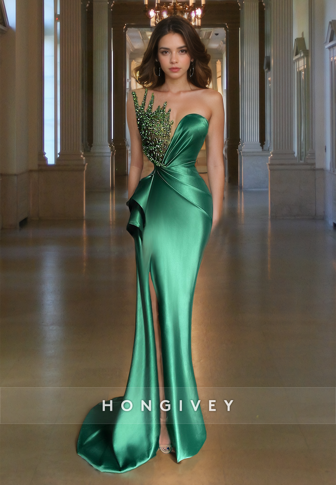 Trumpet/Mermaid Low-V-Neck Beaded Satin Prom Dress with High Slit