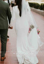 Simple Long Sleeves Satin Floor-Length Pleated Trumpet Wedding Dress