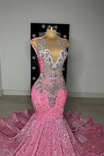 Pink Scoop Sleeveless Mermaid Prom Dresses Sequins Long With Beadings