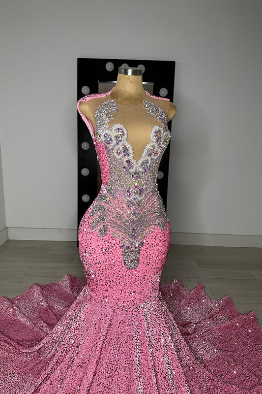 Pink Scoop Sleeveless Mermaid Prom Dresses Sequins Long With Beadings