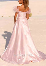 Blush Off the Shoulder Satin A-Line High Slit Long Prom Dress with Feather