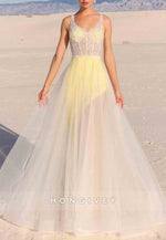 Tulle Low Back A-Line Floor-Length Illusion Regular Straps Prom Dresses