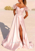 Blush Off the Shoulder Satin A-Line High Slit Long Prom Dress with Feather