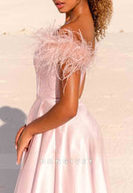 Blush Off the Shoulder Satin A-Line High Slit Long Prom Dress with Feather