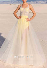 Tulle Low Back A-Line Floor-Length Illusion Regular Straps Prom Dresses