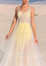 Tulle Low Back A-Line Floor-Length Illusion Regular Straps Prom Dresses