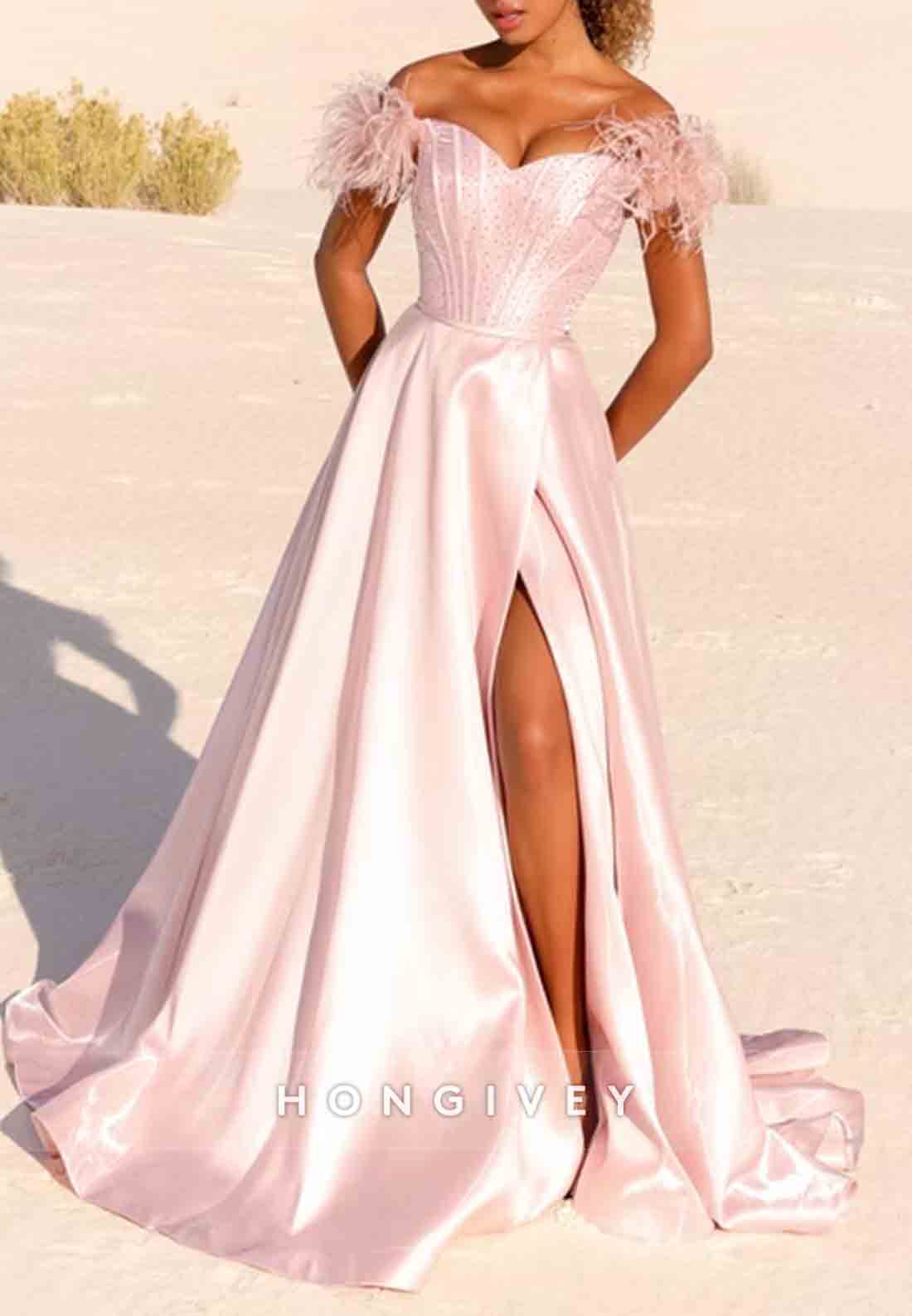 Blush Off the Shoulder Satin A-Line High Slit Long Prom Dress with Feather