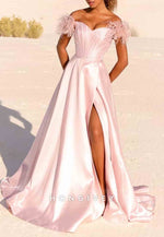 Blush Off the Shoulder Satin A-Line High Slit Long Prom Dress with Feather