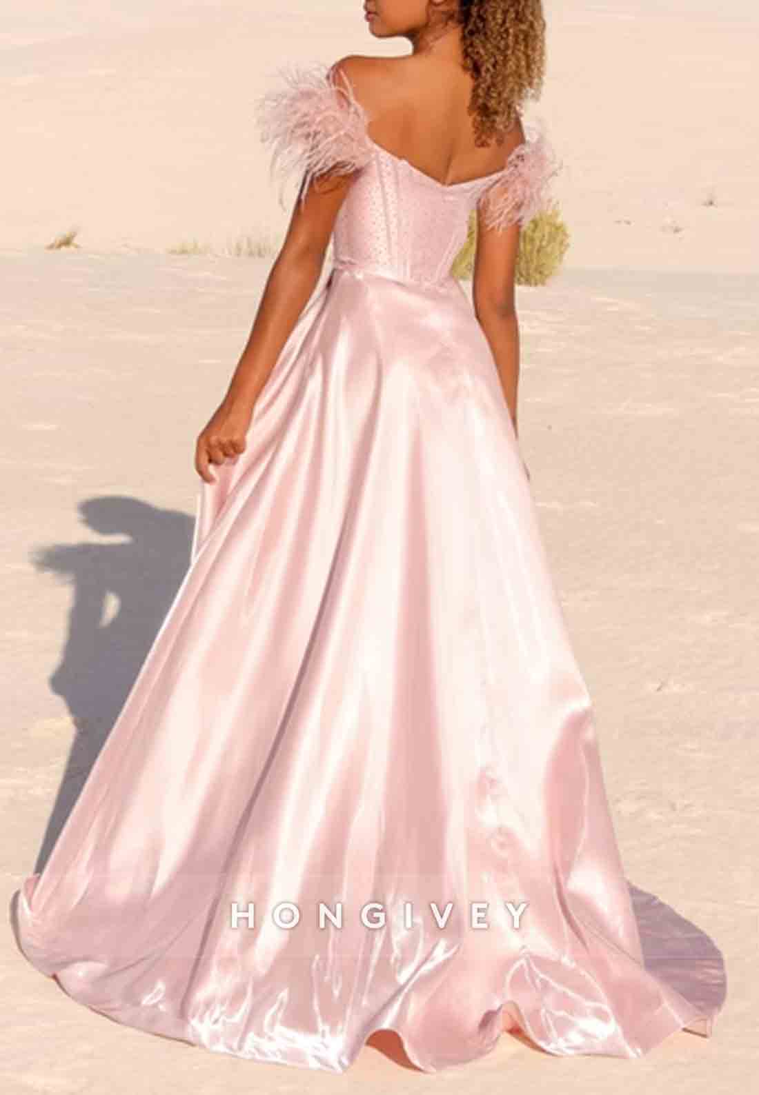 Blush Off the Shoulder Satin A-Line High Slit Long Prom Dress with Feather
