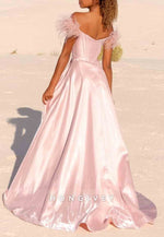 Blush Off the Shoulder Satin A-Line High Slit Long Prom Dress with Feather