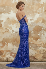 Floral Sequin-Print Royal Blue Long Prom Dress