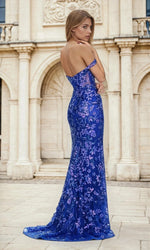 Floral Sequin-Print Royal Blue Long Prom Dress L746