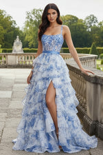Floral Blue Ruffled Corset Prom Gown with Slit