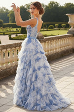 Floral Blue Ruffled Corset Prom Gown with Slit