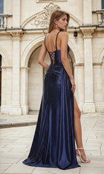 Open-Back Beaded Navy Blue Long Prom Dress