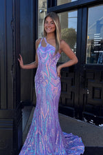 Sparkly Mermaid One Shoulder Lavender Sequins Lace Prom Dress