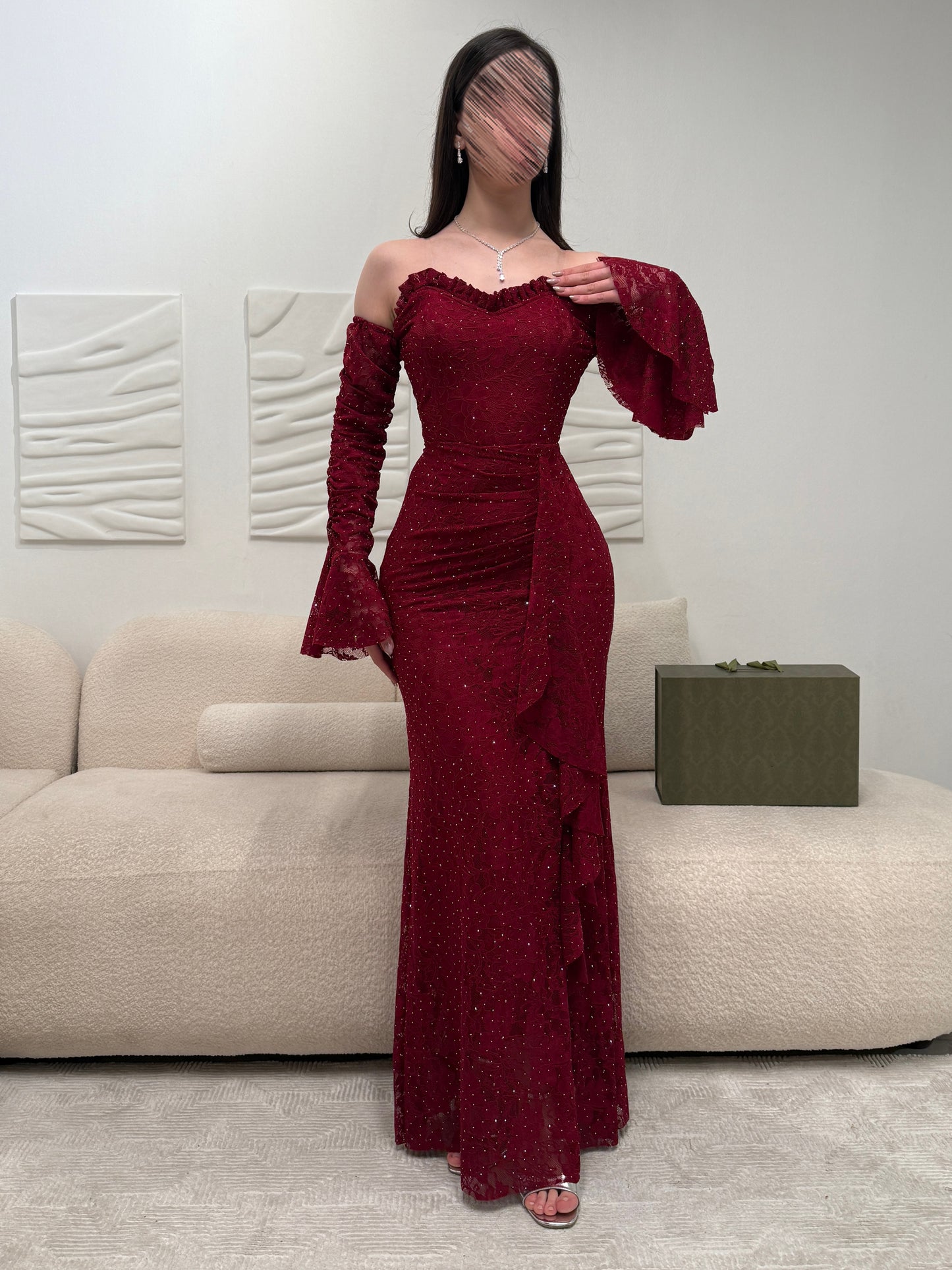 Red Off the Shoulder Long Sleeve Mermaid Ruched Side Slit Evening Dress