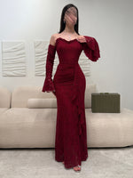 Red Off the Shoulder Long Sleeve Mermaid Ruched Side Slit Evening Dress