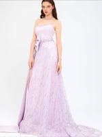 Purple Strapless A-Line Bow Lace Sequins Floor-Lenght Evening Dress