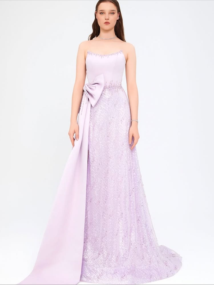Purple Strapless A-Line Bow Lace Sequins Floor-Lenght Evening Dress
