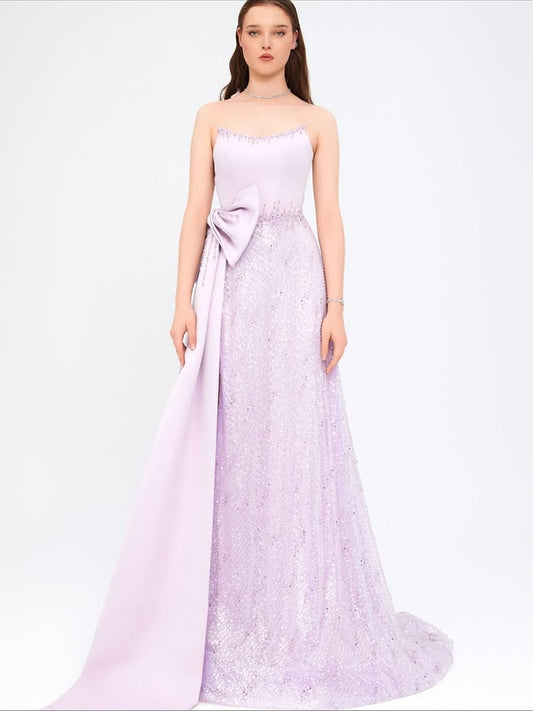 Purple Strapless A-Line Bow Lace Sequins Floor-Lenght Evening Dress