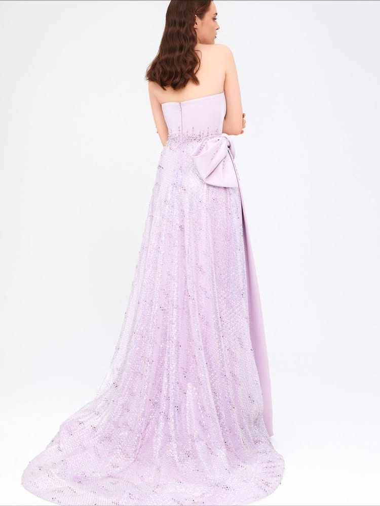 Purple Strapless A-Line Bow Lace Sequins Floor-Lenght Evening Dress