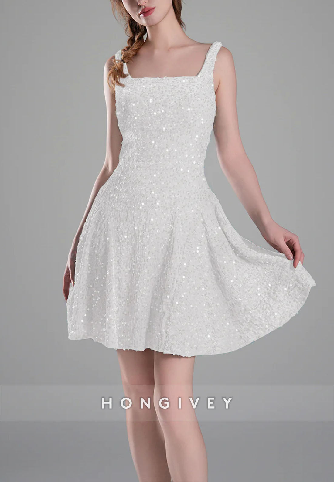 Square Neck Sequined A-Line Regular Straps Short Homecoming Dress