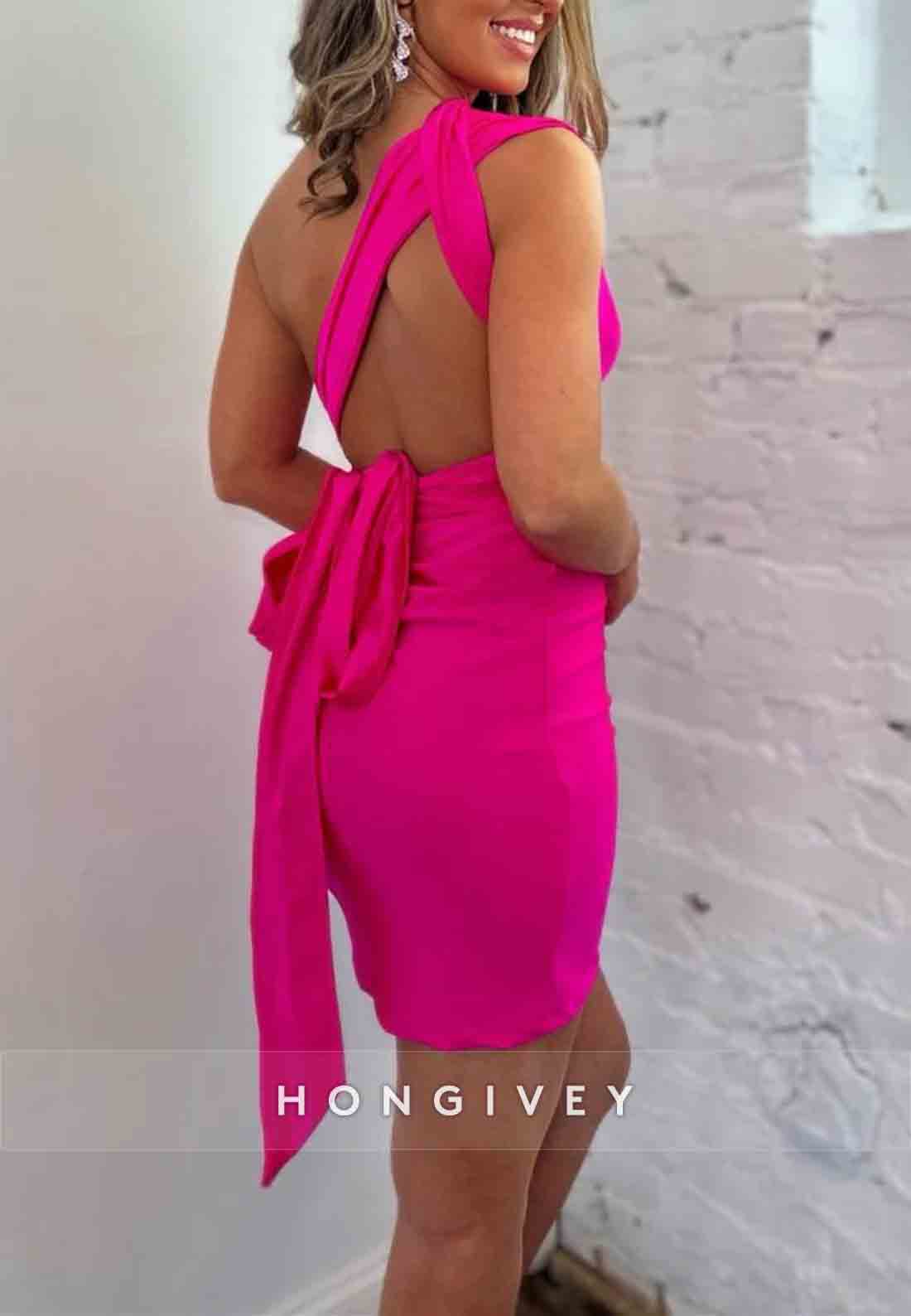 Low V-Neck Mini Sheath Tie Back Sleeveless Homecoming Dresses with Bowknot