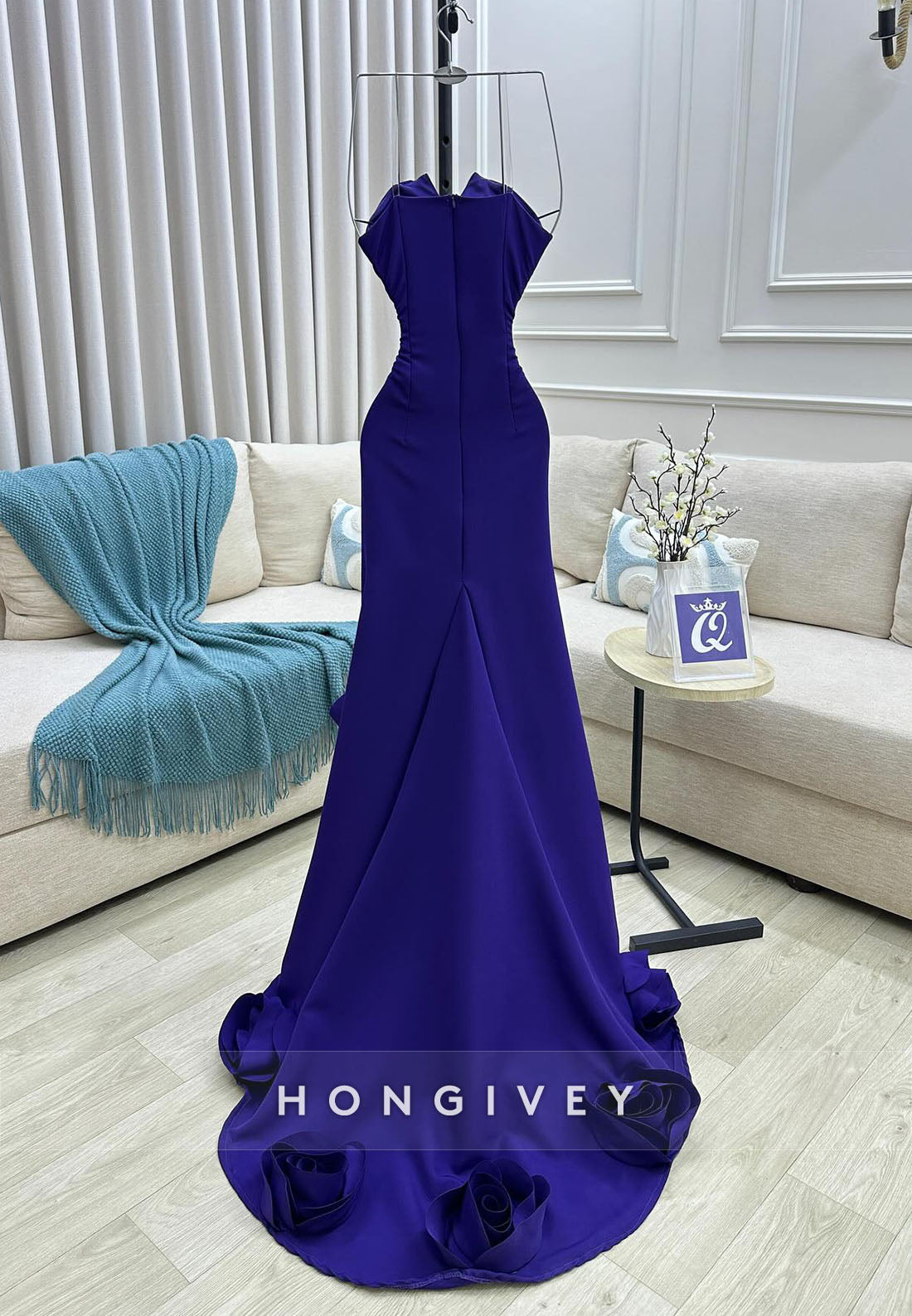 Strapless Regency Trumpet Evening Gowns with 3D Flowers and Side Slit