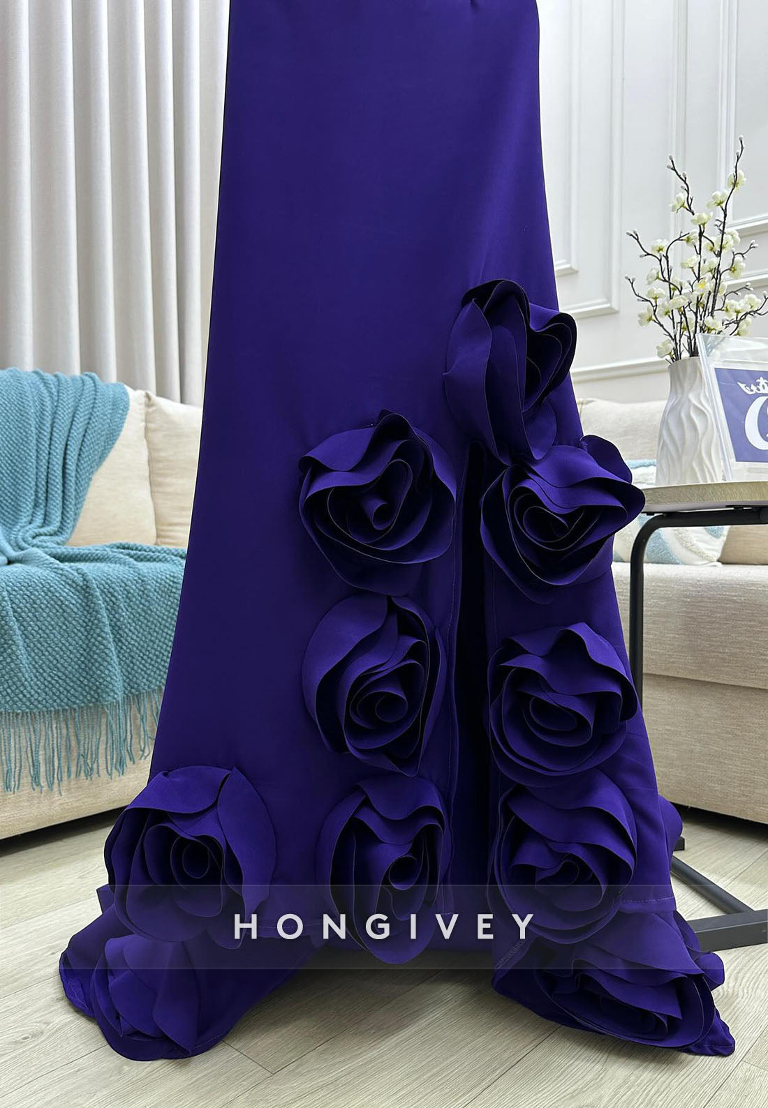 Strapless Regency Trumpet Evening Gowns with 3D Flowers and Side Slit