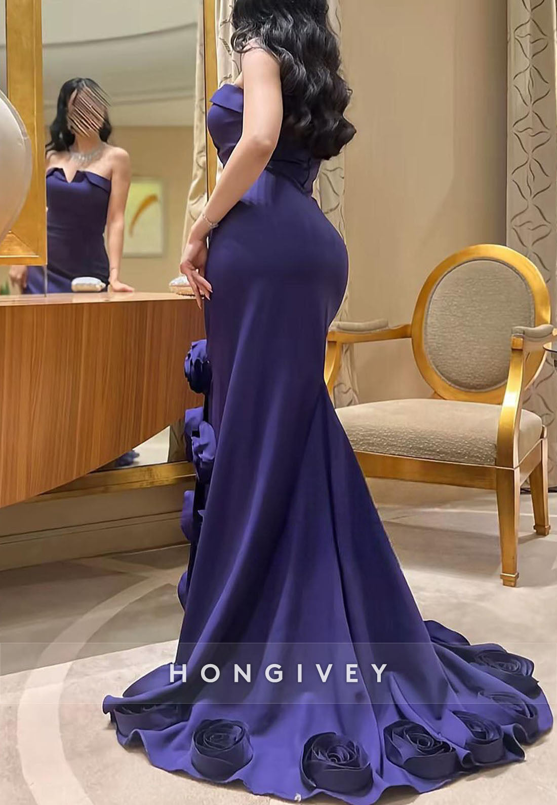 Strapless Regency Trumpet Evening Gowns with 3D Flowers and Side Slit