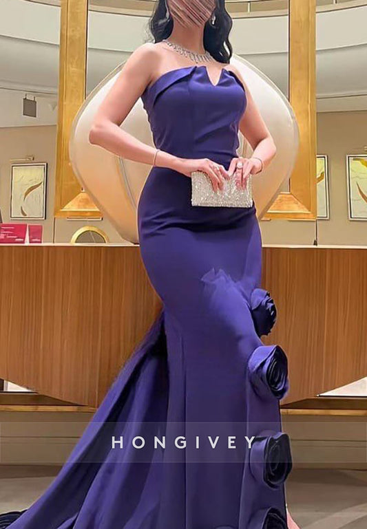 Strapless Regency Trumpet Evening Gowns with 3D Flowers and Side Slit