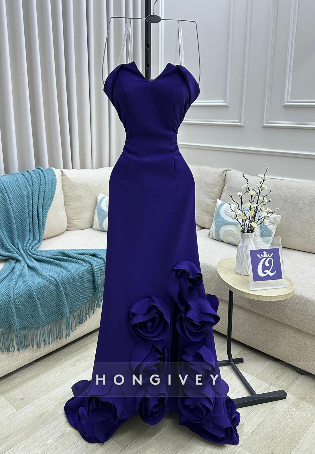 Strapless Regency Trumpet Evening Gowns with 3D Flowers and Side Slit