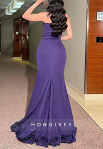 Strapless Regency Trumpet Evening Gowns with 3D Flowers and Side Slit