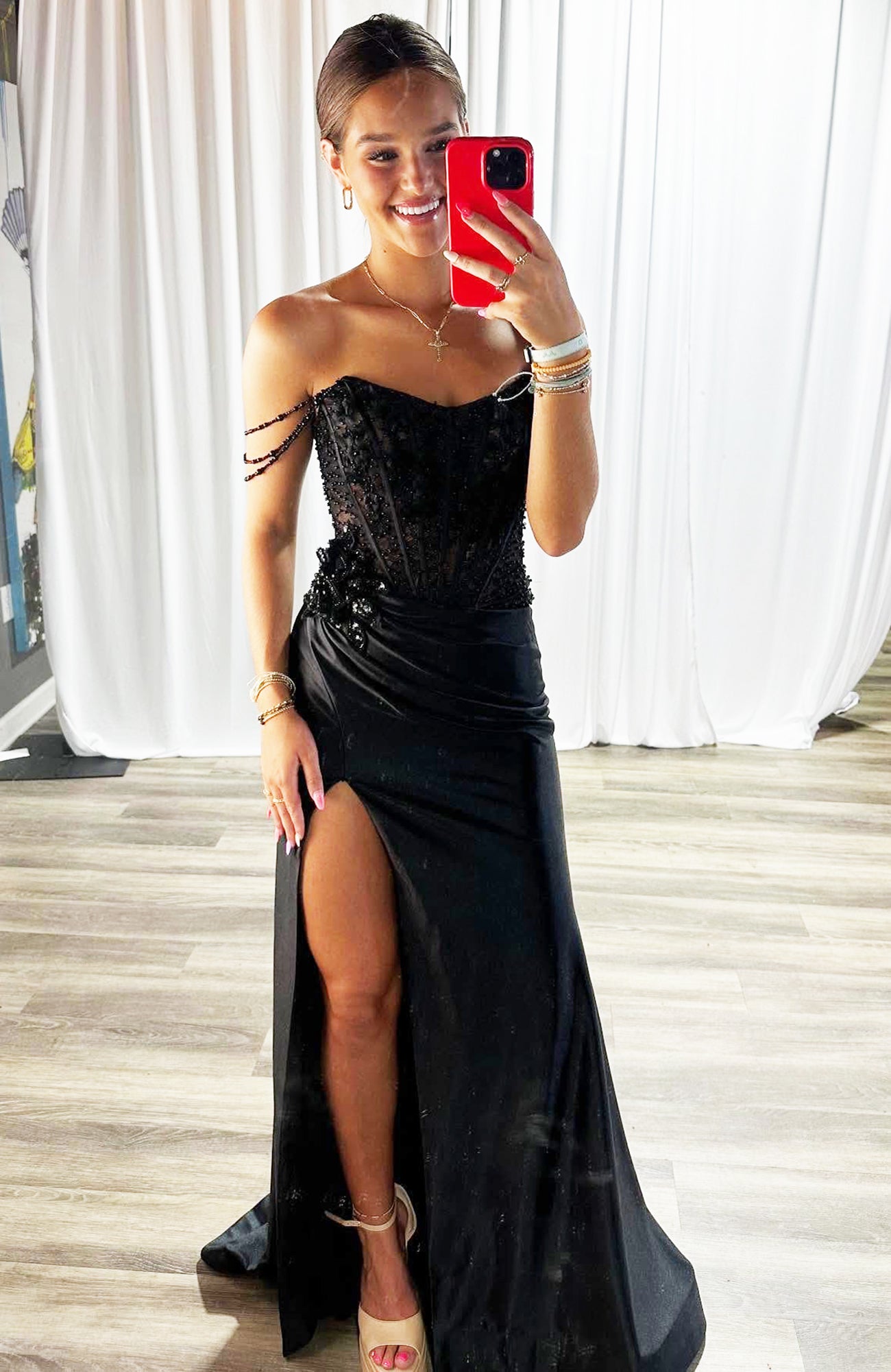Women's Satin Corset Sequin Beaded Black Long Prom Dresses with Side Slit