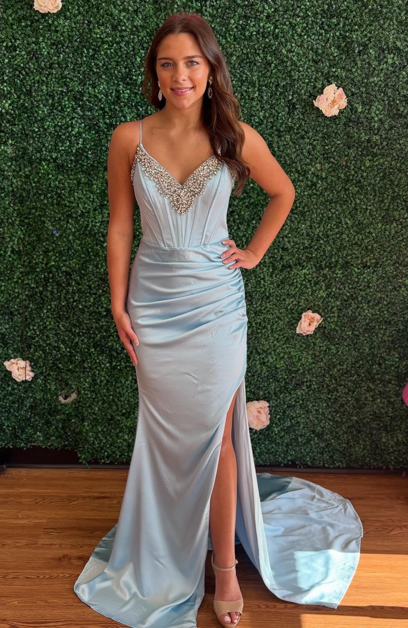 Women's Mermaid Satin Corset Beaded V Neck Prom Dresses Long with Side Slit