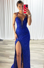 Mermaid Glittery Sequin Beaded V Neck Prom Dresses Long with Spaghetti Straps
