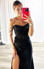 Women's Satin Corset Sequin Beaded Black Long Prom Dresses with Side Slit