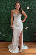 Women's Mermaid Satin Corset Beaded V Neck Prom Dresses Long with Side Slit