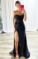 Women's Satin Corset Sequin Beaded Black Long Prom Dresses with Side Slit