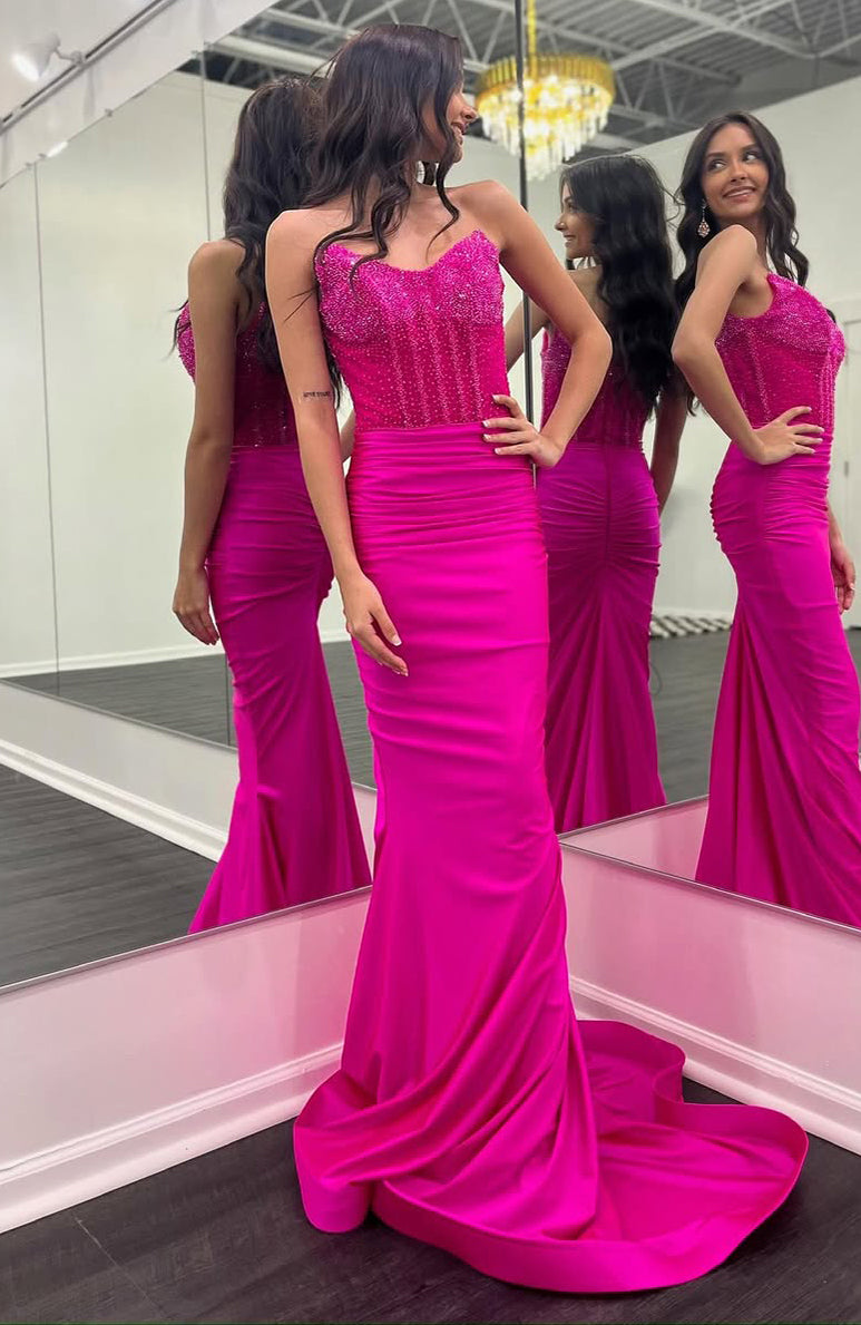 Mermaid Satin Corset Sequin Beaded Long Prom Dresses for Women Evening Party