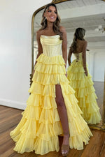 Gorgeous A Line Strapless Daffodial Tiered Chiffon Prom Evening Dresses with Hot Stone