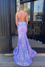 Sparkly Mermaid One Shoulder Lavender Sequins Lace Prom Dress